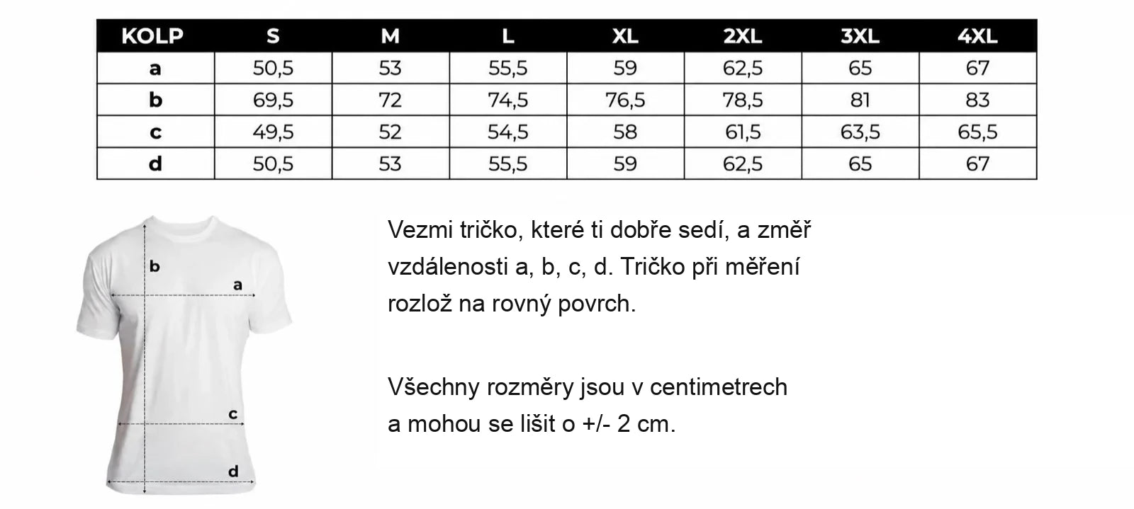 Tabulka velikostí trička KOLP Essential