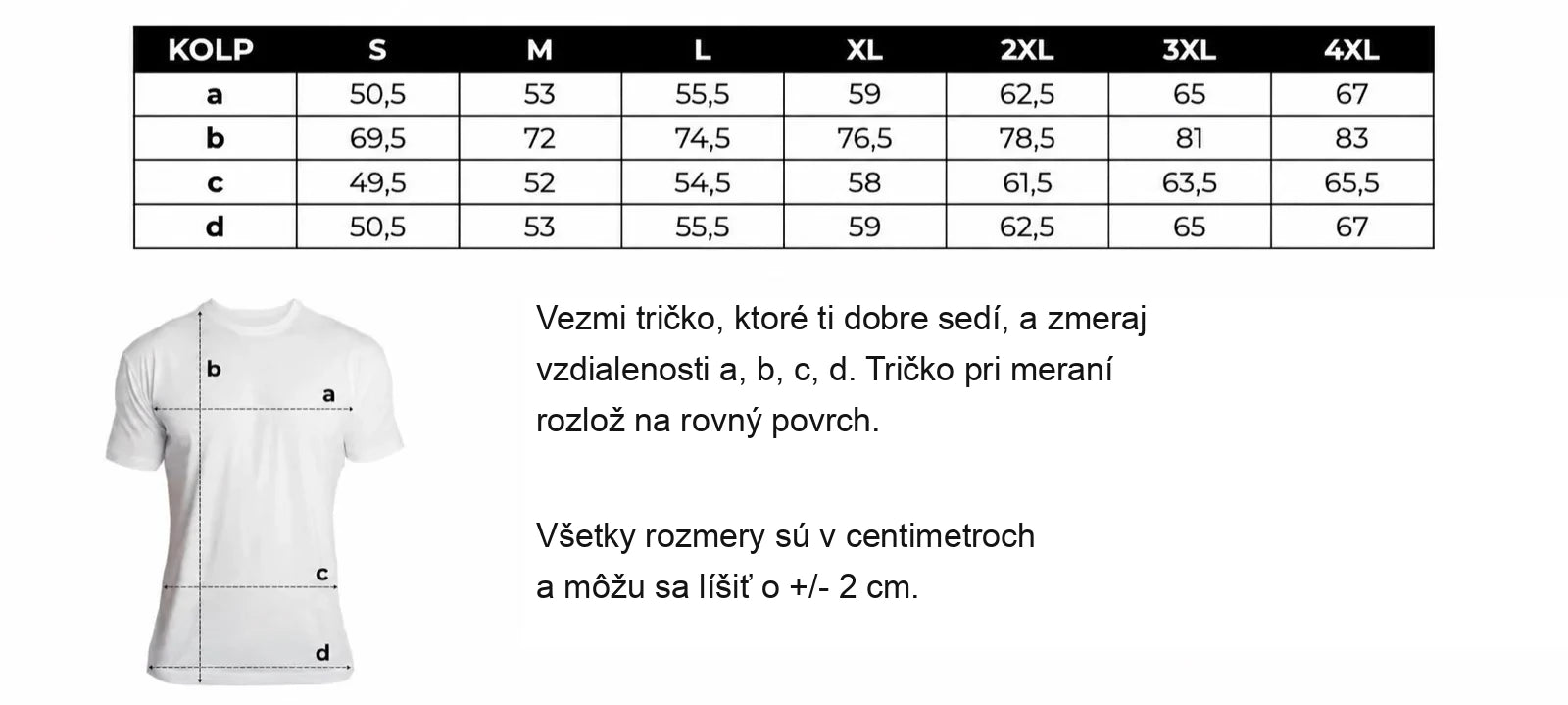 Tabuľka veľkostí trička KOLP Essential