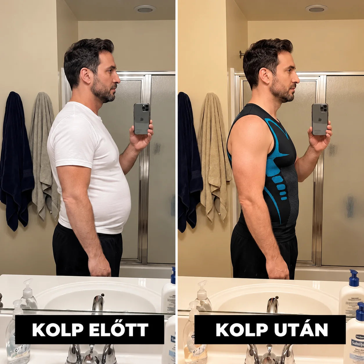 Before and after KOLP Fit in the bathroom mirror