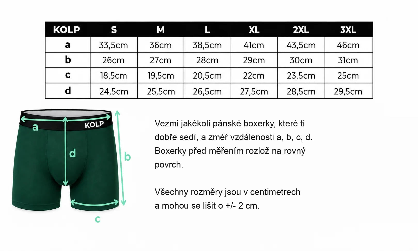 Tabulka velikostí boxerek KOLP – S až 3XL