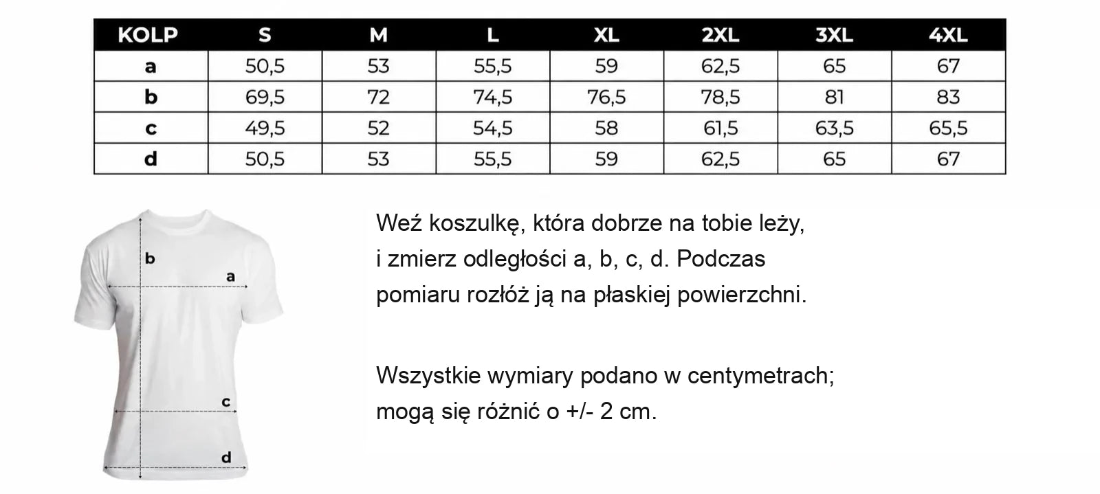 Tabela rozmiarów koszulki KOLP Essential